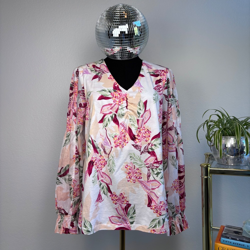 Chicos Pima Cotton Floral Smocked Long Sleeve Tee Size 2 Large Ecru Pink NWT - Picture 2 of 16